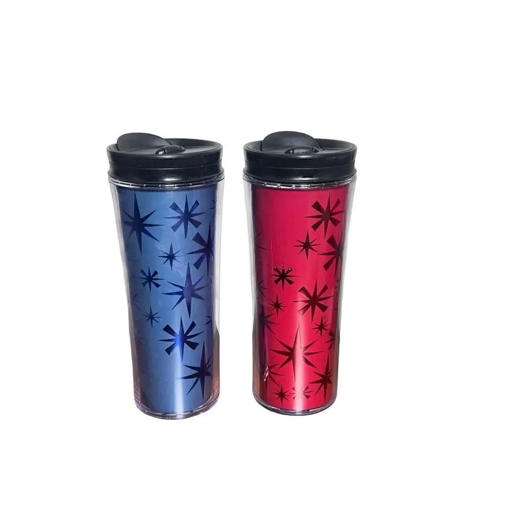 Starbucks Set of 2 Snowflake 2011 Holiday Travel Mugs Red Blue Tumblers